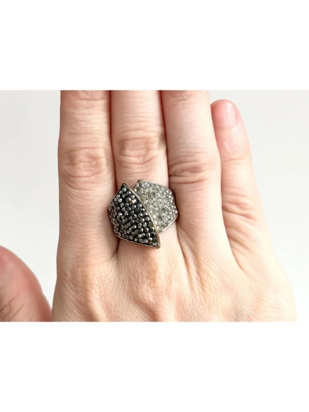 Modernist Folded Multi Rhinestone Brass Plated Malaysian Vintage Ring - sz 8
